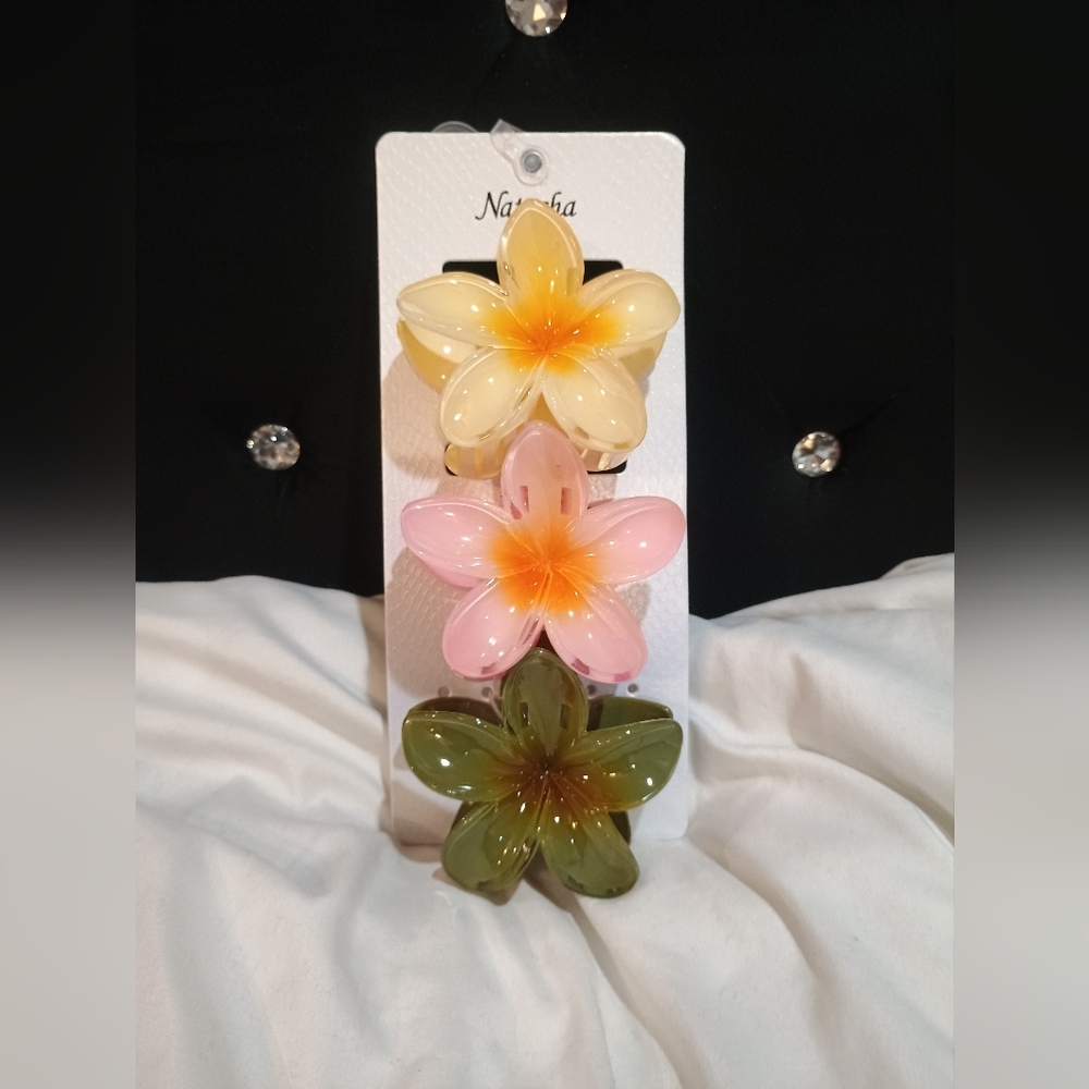 New Natasha Glossy Floral Hair Clips - Yellow, Pink, Green